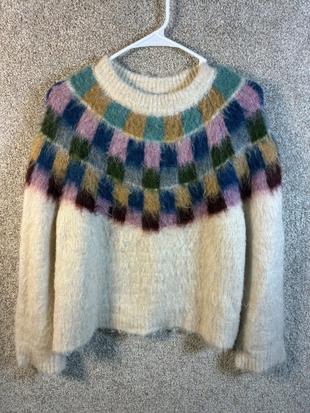 Madewell Women M Alpaca Wool Blend Sweater Fair Isle Fuzzy Multicolor Cream